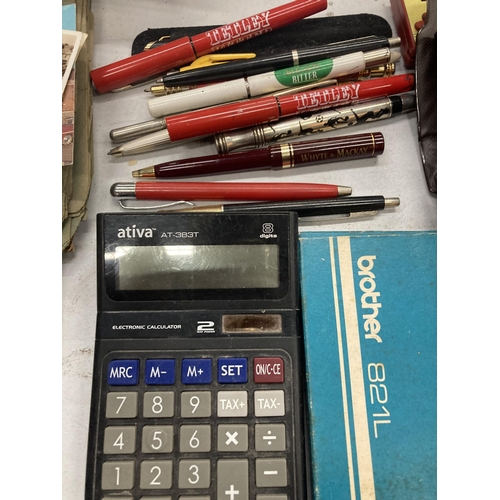 929 - THREE VINTAGE CALCULATORS TOGETHER WITH PENS AND A RETRO ARCADE GAME CONTROLLER