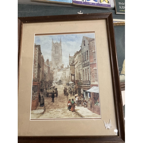 961 - FIVE FRAMED PRINTS AND ONE OIL ON BOARD TO INCLUDE A STREET SCENE BY LOUISE RAYNER