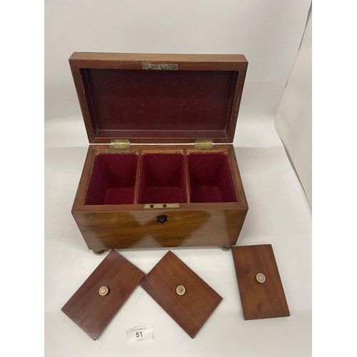 51 - A VICTORIAN MAHOGANY TEA CADDY WITH THREE INNER COMPARTMENTS, ON BUN FEET