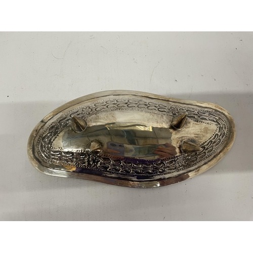 65 - A WHITE METAL PRESENTATION DISH, DATED 1971 ON PIN NEEDLE DESIGN FEET