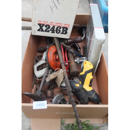 1480 - BOX OF TOOLS INCLUDING DRILLS ETC.  NO VAT