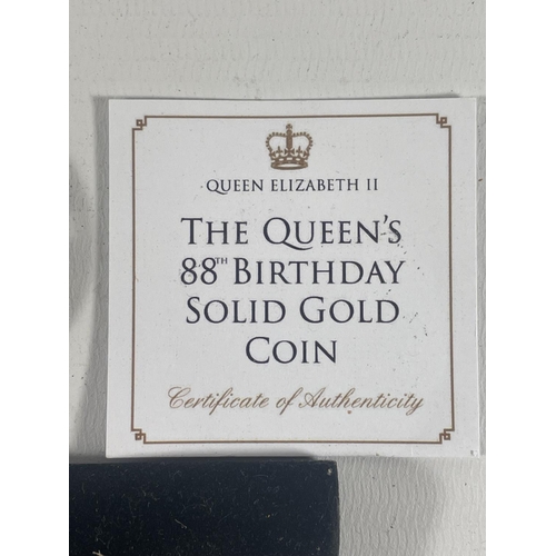 380 - 2014 “THE QUEEN’S 88TH BIRTHDAY” , SOLID GOLD COIN , ISSUED BY JUBILEE MINT