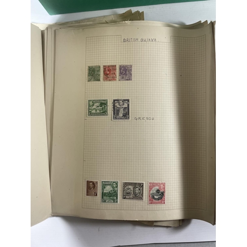 391 - GREEN BOX FILE CONTAINING BRITISH COMMONWEALTH , MAINLY GV & GV1 ON LEAVES PLUS FDC’S AND AN OLD TIM... 