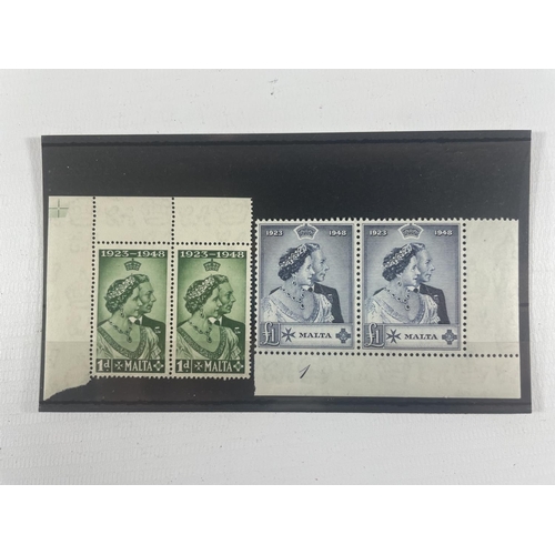 407 - MALTA 1949 ROYAL SILVER WEDDING PAIR  , PRESENT AS PAIRS , UNMOUNTED MINT . SG 249/50 X 2 CAT £77.00