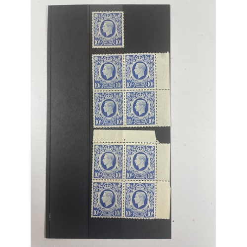 411 - GREAT BRITAIN 30.11.42. 10/- ULTRAMARINE , TWO BLOCKS OF FOUR PLUS ONE SINGLE , UNMOUNTED MINT . SG ... 