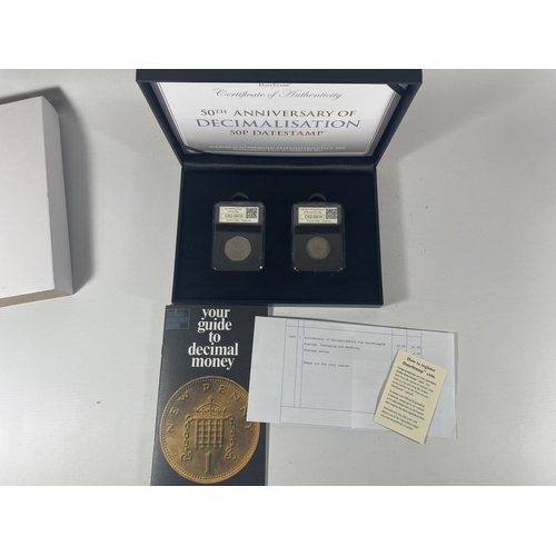 432 - UK 2021 50TH ANNIVERSARY OF DECIMALISATION – 50P DATESTAMP . BOXED WITH COA