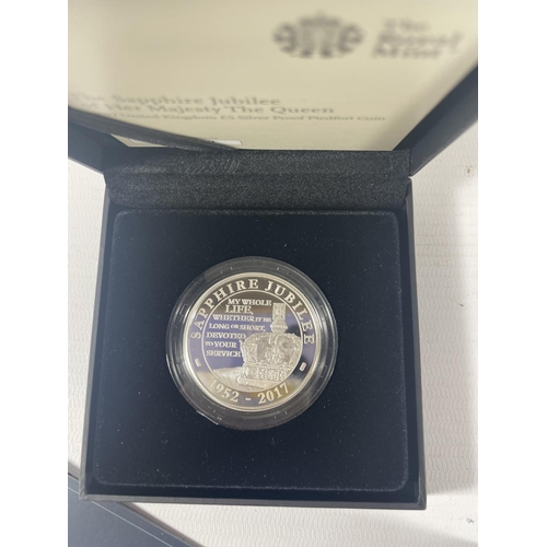 434 - UK 2017 THE SAPHIRE JUBILEE OF HM QE11 , £5 SILVER PROOF PIEDFORT COIN . BOXED WITH COA