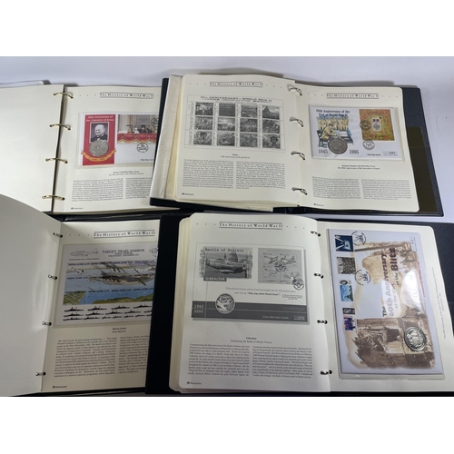 463 - A FOUR VOLUME COLLECTION OF THE HISTORY OF WORLD WAR 11 , TO INCLUDE NUMEROUS STAMPS , 36 COINS AND ... 