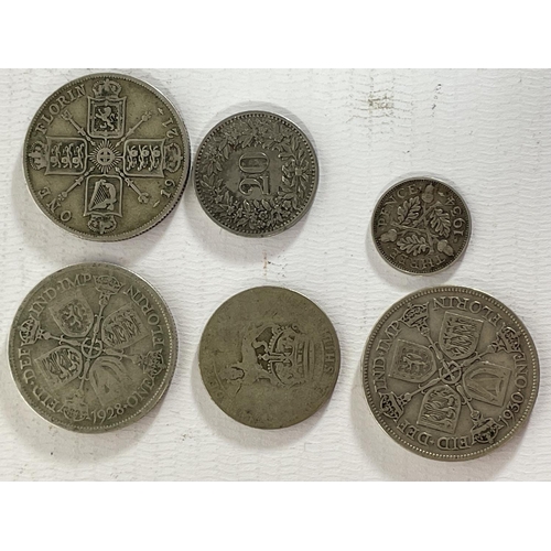 488 - TWELVE COINS TO INCLUDE SILVER AND PART SILVER - FLORINS, THREEPENCE ETC