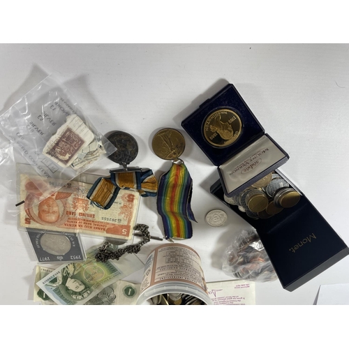 492 - VARIOUS ITEMS TO INCLUDE FOREIGN COINAGE, POUND NOTES, CROWNS, TWO MEDALS, ASSORTED STAMPS ETC