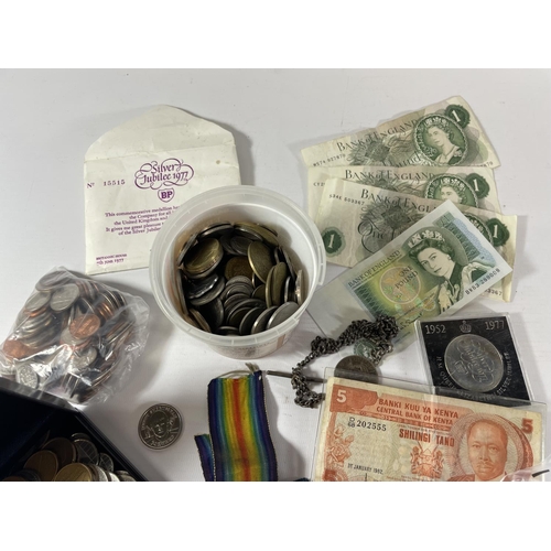 492 - VARIOUS ITEMS TO INCLUDE FOREIGN COINAGE, POUND NOTES, CROWNS, TWO MEDALS, ASSORTED STAMPS ETC