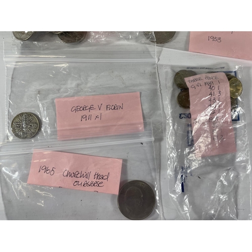 495 - VARIOUS COINS TO INCLUDE HALF CROWN, SHILLINGS, FLORIN,THREEPENCES, SIXPENCE, AND A CROWN (ALL BAGGE... 