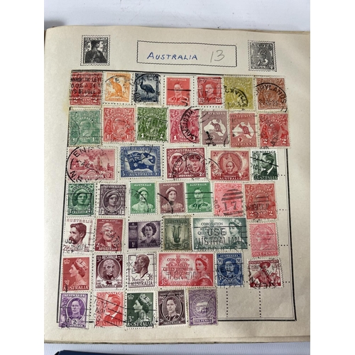 497 - ONE HUNDRED AND FIFTY TWO 10P NATIONAL TRANSPORT TOKENS, A STAMP ALBUM WITH STAMPS FROM 55 COUNTRIES... 