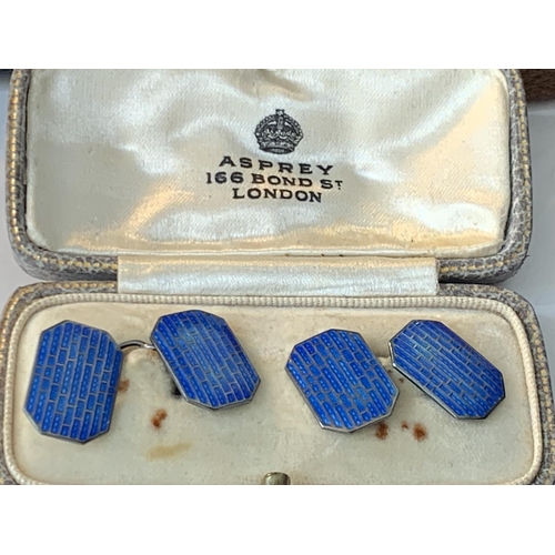 648 - THREE PAIRS OF SILVER CUFFLINKS ONE PAIR BEING ENAMEL (IN AN ASPREY BOX BUT NOT THOUGHT TO BE)