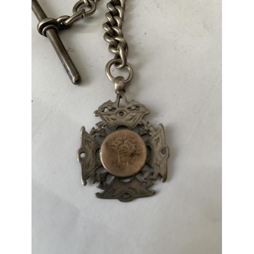 658 - A HEAVY SILVER WATCH CHAIN WITH TWO HALLMARKED SILVER FOBS