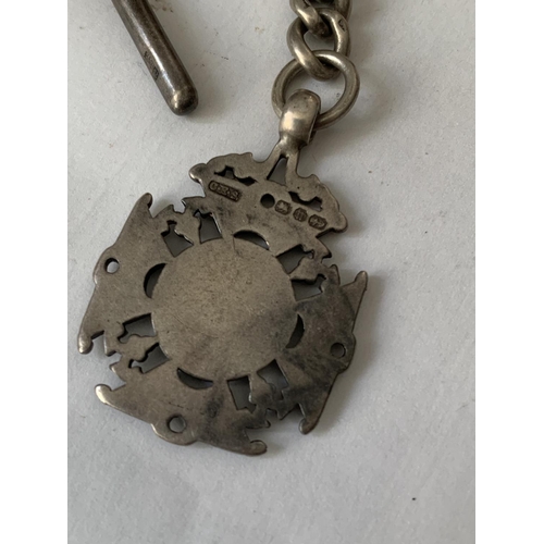 658 - A HEAVY SILVER WATCH CHAIN WITH TWO HALLMARKED SILVER FOBS