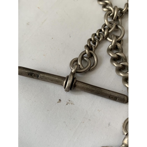 658 - A HEAVY SILVER WATCH CHAIN WITH TWO HALLMARKED SILVER FOBS