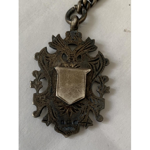 658 - A HEAVY SILVER WATCH CHAIN WITH TWO HALLMARKED SILVER FOBS