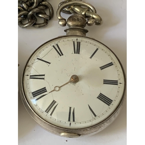 684 - A SILVER POCKET WATCH WITH WHITE METAL CHAIN AND A CASE