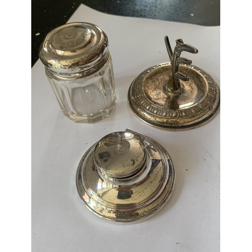 96 - THREE HALLMARKED BIRMINGHAM SILVER ITEMS TO INCLUDE AN INKWELL, LIDDED POT AND RING TREE