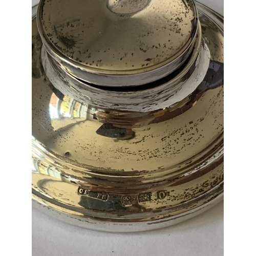 96 - THREE HALLMARKED BIRMINGHAM SILVER ITEMS TO INCLUDE AN INKWELL, LIDDED POT AND RING TREE