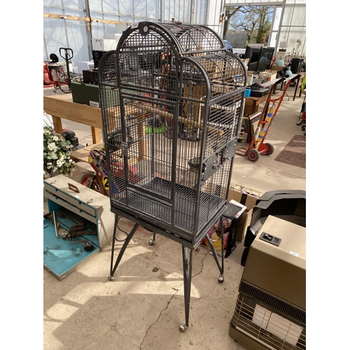 1764 - A LARGE METAL PARROT CAGE ON WHEELED BASE