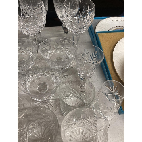 1036 - A LARGE QUANTITY OF CRYSTAL DRINKING GLASSES AND DESSERT BOWLS TO INCLUDE RED AND WHITE WINE, WHISKE... 