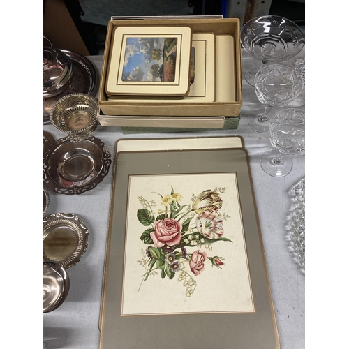 1039 - A QUANTITY OF BOXED PLACEMATS TOGETHER WITH SILVER PLATE AND GLASS COASTERS