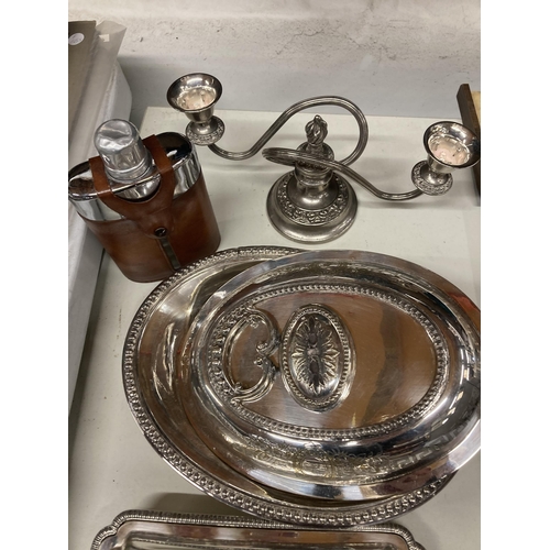 1045 - A QUANTITY OF SILVER PLATE TO INCLUDE A SILVER IN LEATHER HOLDER HIP FLASK, TUREENS, CANDLEABRA AND ... 