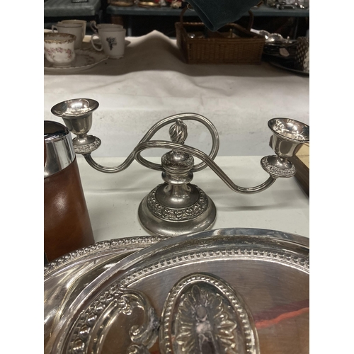 1045 - A QUANTITY OF SILVER PLATE TO INCLUDE A SILVER IN LEATHER HOLDER HIP FLASK, TUREENS, CANDLEABRA AND ... 