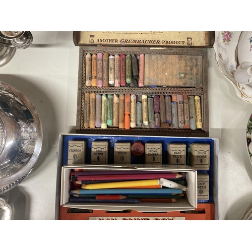 1046 - A KAY PAINT BOX TOGETHER WITH GRUMBACHER ARTIST'S PASTELS AND COLOURED PENCILS