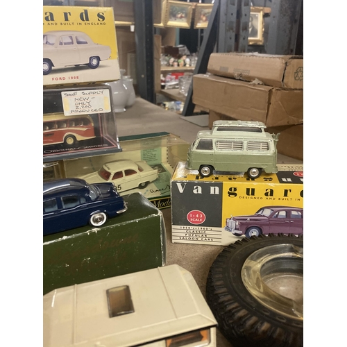 1069 - A VARIETY OF CORGI, VANGUARD AND LANSDOWNE MODELS TOGETHER WITH TWO TYRE ASHTRAYS, MATCHBOX CARAVAN,... 