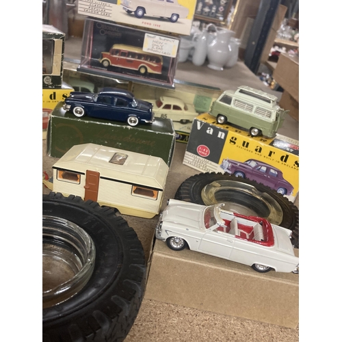 1069 - A VARIETY OF CORGI, VANGUARD AND LANSDOWNE MODELS TOGETHER WITH TWO TYRE ASHTRAYS, MATCHBOX CARAVAN,... 