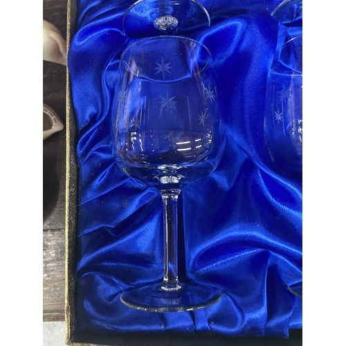 1092 - SIX BOXED STELLA HAND CUT GLASS WINE GLASSES