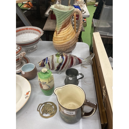 1103 - A LARGE SYLVAC STYLE JUG, MURANO FISH, OEWTER TANKARD AND TWO PIECES OF ROYAL DOULTON