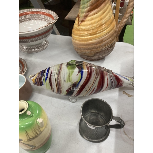 1103 - A LARGE SYLVAC STYLE JUG, MURANO FISH, OEWTER TANKARD AND TWO PIECES OF ROYAL DOULTON