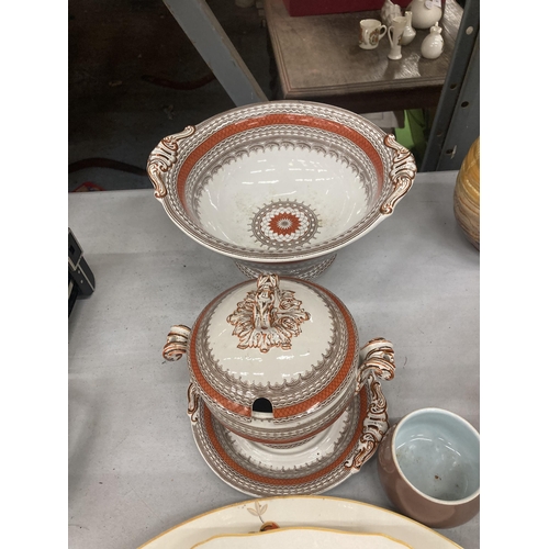 1104 - A COPELAND LATE SPODE FOOTED BOWL, SMALL TUREEN WITH LID AND SAUCER IN AN ORANGE, BROWN AND CREAM PA... 