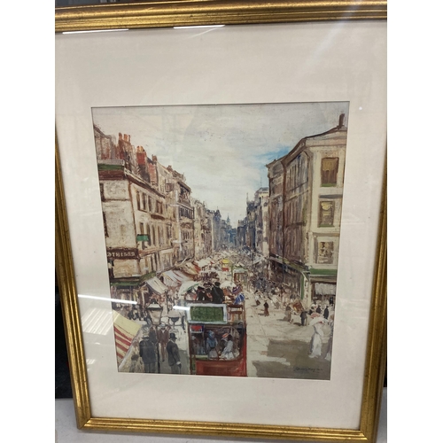 1107 - A PRINT OF A VICTORIAN STREET SCENE IN A GILT FRAME 51CM X 66CM