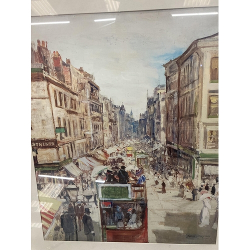 1107 - A PRINT OF A VICTORIAN STREET SCENE IN A GILT FRAME 51CM X 66CM