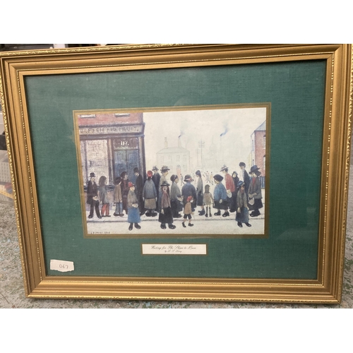 1111 - A FRAMED LOWRY PRINT TITLED 'WAITING FOR THE SHOPS TO OPEN'