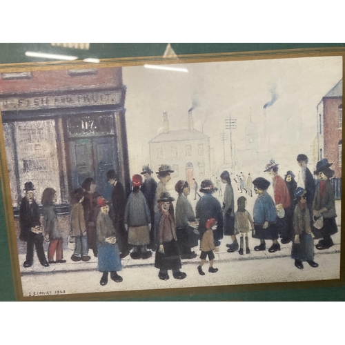 1111 - A FRAMED LOWRY PRINT TITLED 'WAITING FOR THE SHOPS TO OPEN'