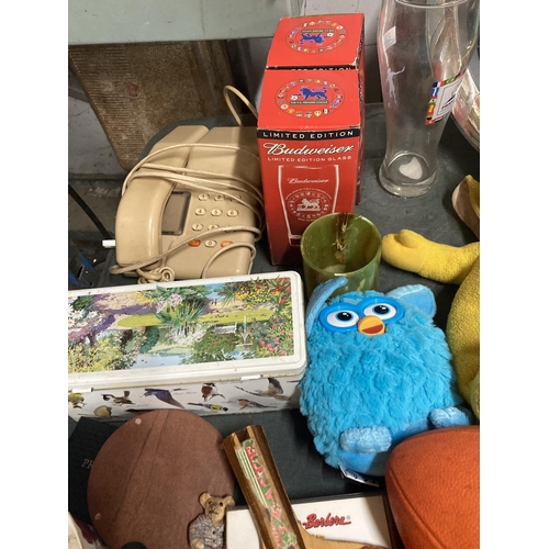 1153 - A MIXED LOT TO INCLUDE GAMES, TOYS, GLASSES, CERAMICS, A VINTAGE PHONE, ETC