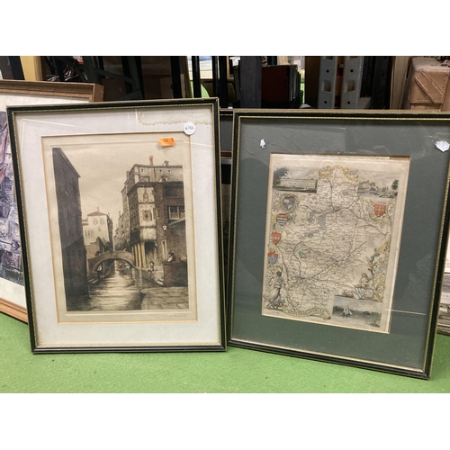 1191 - A QUANTITY OF FRAMED PRINTS TO INCLUDE A MAP, BUILDINGS, ETC