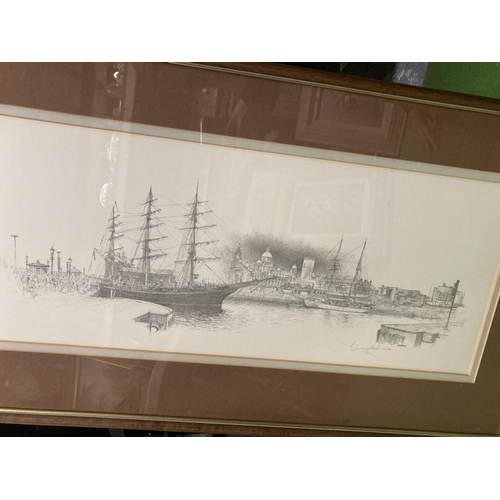 1193 - A LIMITED EDITION 375/600 GELDART PRINT OF A SAILING SHIP IN A HARBOUR, SIGNED PLUS A HOT AIR AIR BA... 