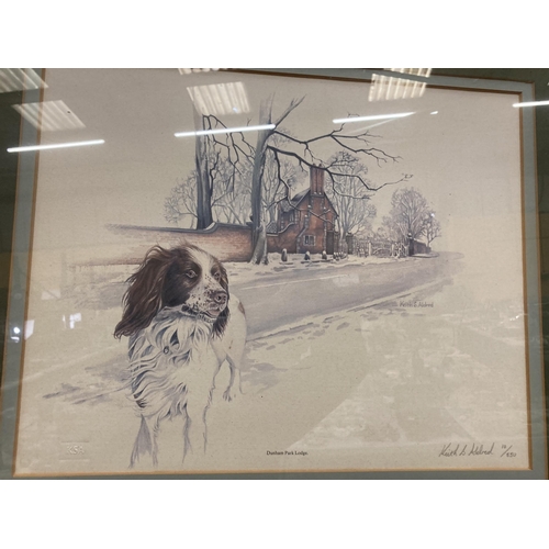 1203 - A SIGNED KEITH ALDRED LIMITED EDITION 10/850 PRINT OF A SPANIEL AT DUHAM PARK LODGE