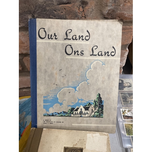 967 - A BOOK TITLED 'OUR LIFE ONS LAND' - A SERIES OF 100 DRAWINGS FILLED WITH COLLECTABLE TOBACCO CARDS, ... 