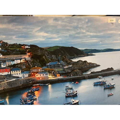 974 - A LARGE CANVAS PRINT OF A HARBOUR SCENE 122CM X 54CM