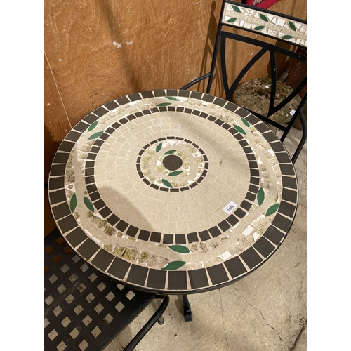 1586 - A METAL BISTRO SET WITH TILED TOP AND TILED CHAIR BACKS COMPRISING OF A ROUND TABLE AND TWO CARVER C... 