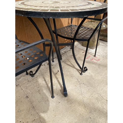 1586 - A METAL BISTRO SET WITH TILED TOP AND TILED CHAIR BACKS COMPRISING OF A ROUND TABLE AND TWO CARVER C... 