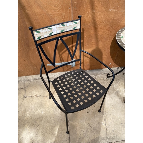 1586 - A METAL BISTRO SET WITH TILED TOP AND TILED CHAIR BACKS COMPRISING OF A ROUND TABLE AND TWO CARVER C... 